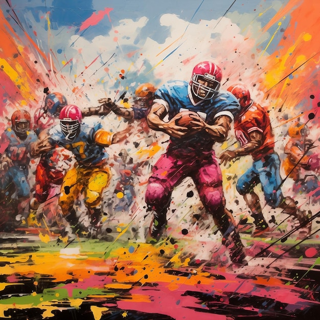 A painting of a football game being played