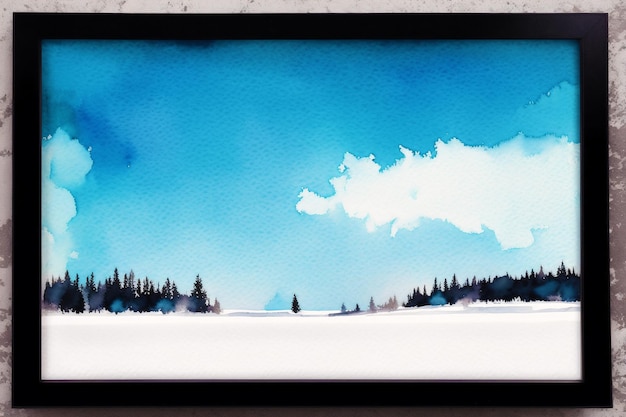 A painting of a forest and a blue sky with clouds