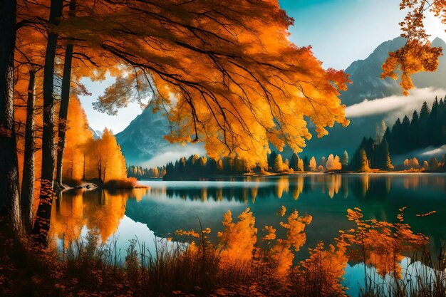 Photo a painting of a forest lake with a tree branch in the foreground