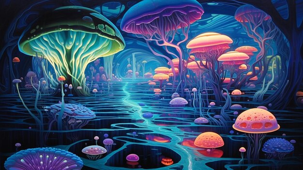 A painting of a forest of mushrooms