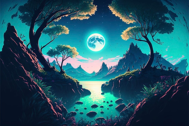 Painting of a forest at night with a full moon in the sky generative ai