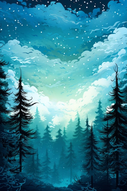 a painting of a forest at night with trees and stars