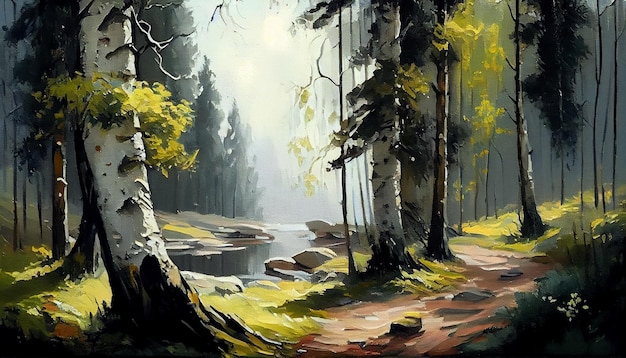 A painting of a forest path with a river in the background.