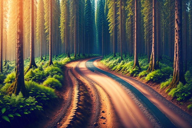 A painting of a forest road with the sun shining on it.
