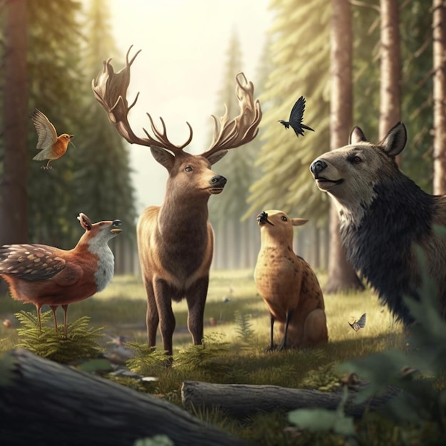 A painting of a forest scene with a bear, a bear, a bird and a bear.