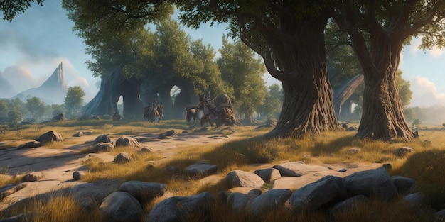 背景に数本の木と数人の人々が描かれた森の風景の絵。