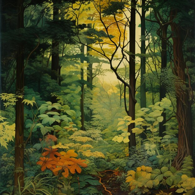 Foto dipinto di una scena forestale con un sentiero attraverso il bosco generativo ai