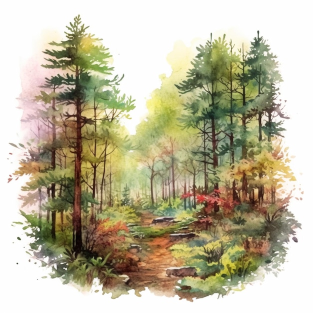 painting of a forest scene with a path and trees generative ai