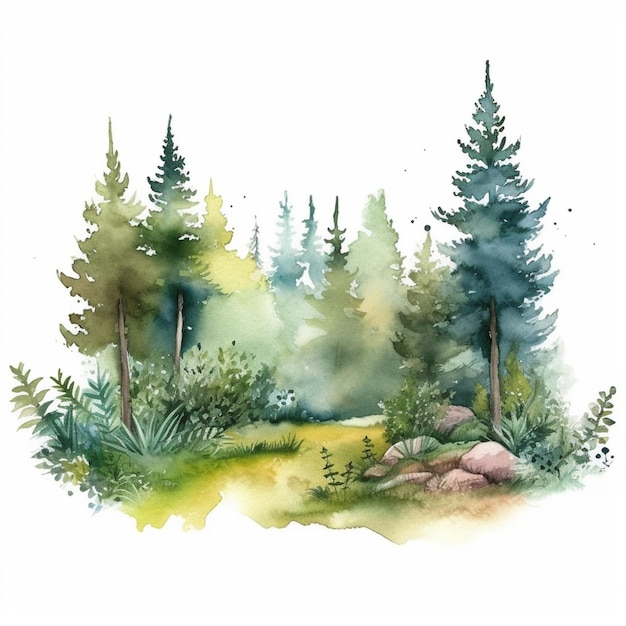 a painting of a forest scene with a path and trees generative ai