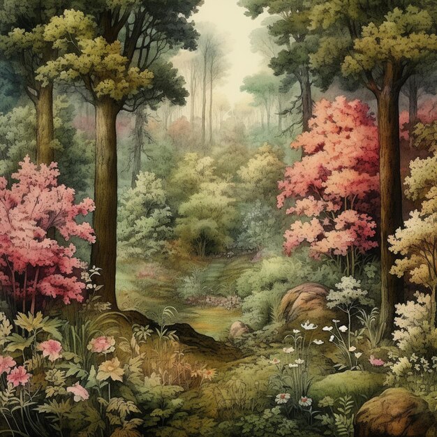 painting of a forest scene with a stream and trees generative ai