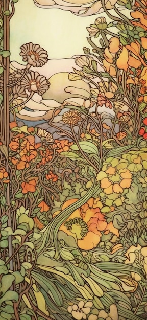 A painting of a forest scene with a sun and flowers.