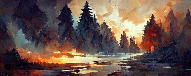 A painting of a forest scene with a sunset in the background.