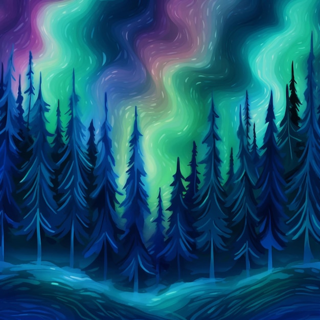 A painting of a forest with a aurora bore in the background generative ai