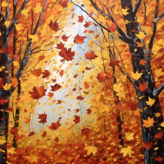 A painting of a forest with autumn leaves falling from the trees.