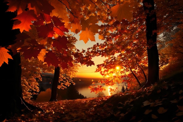 Картина леса с осенними листьями на нем