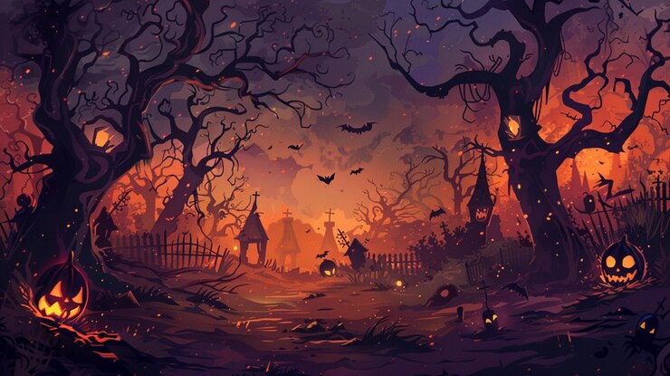 Photo a painting of a forest with bats flying around it