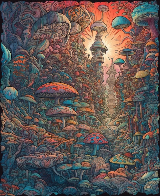A painting of a forest with a blue and orange background and a large mushroom forest.