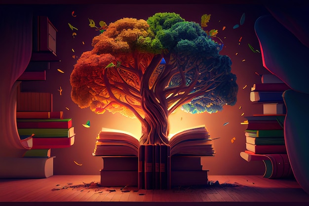 A painting of a forest with books and a hummingbird generative ai