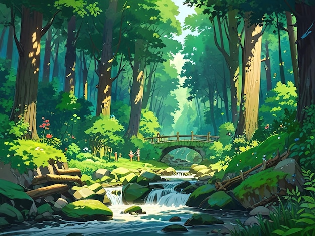 a painting of a forest with a bridge and a waterfall