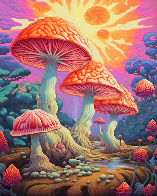 A painting of a forest with a colorful mushroom and a river in the background