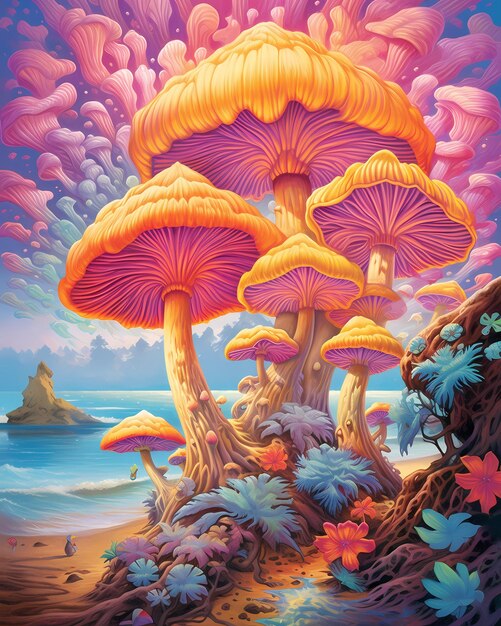 Картина леса с разноцветным грибом и рекой на заднем плане.