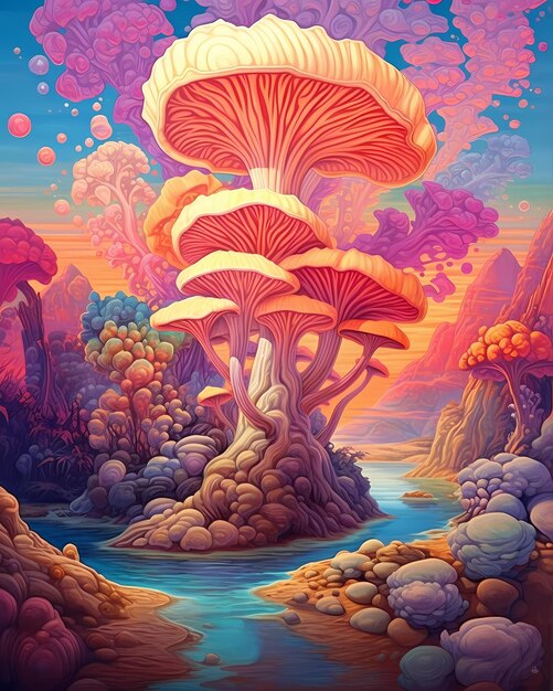 A painting of a forest with a colorful mushroom and a river in the background