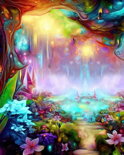 Картина леса с красочной росписью тропинки и цветов.