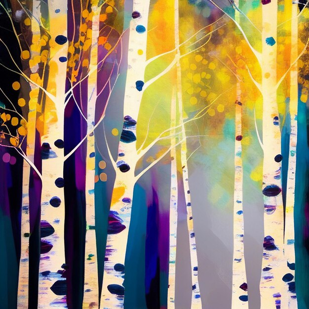 A painting of a forest with colorful trees and the word " on it "