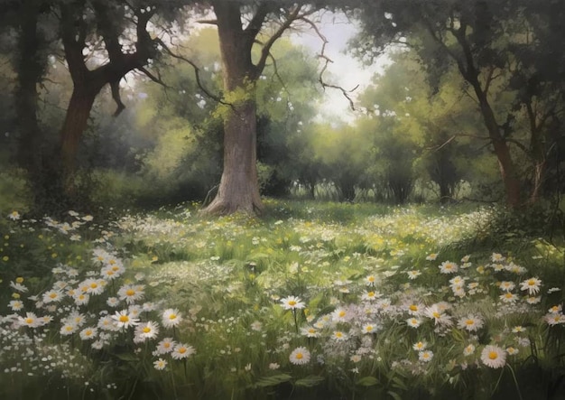 A painting of a forest with daisies and a tree in the background.