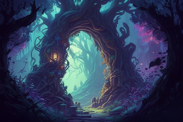 A painting of a forest with a door in the middle.