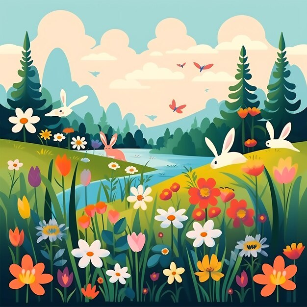 a painting of a forest with flowers and a duck in the foreground