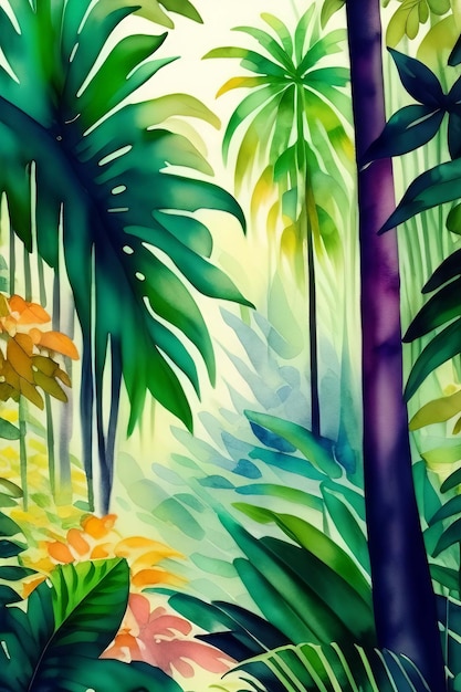 A painting of a forest with a forest scene.