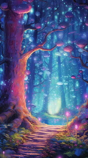 A painting of a forest with a glowing door and a green light.