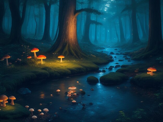 a painting of a forest with glowing mushrooms and a stream