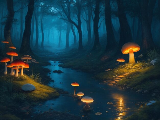 a painting of a forest with glowing mushrooms and a stream