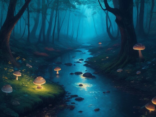 a painting of a forest with glowing mushrooms and a stream