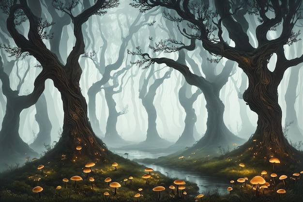 A painting of a forest with golden mushrooms.