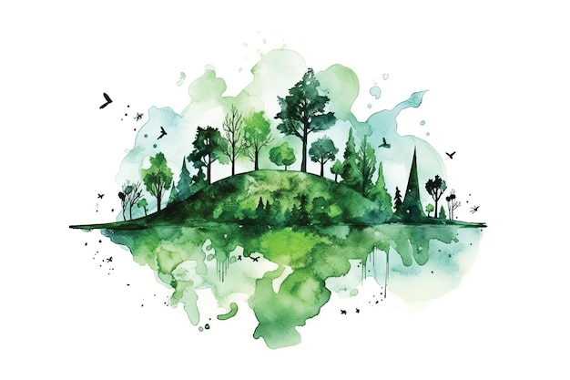 A painting of a forest with a green background and the words " green " on the bottom.