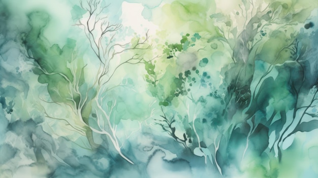 A painting of a forest with green and blue colors and the words " the word " on it "