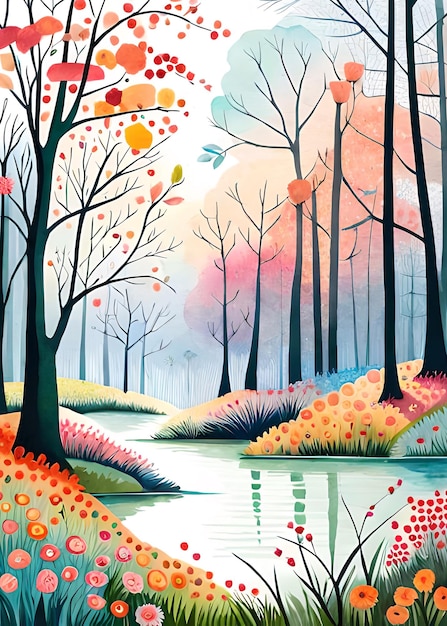 A painting of a forest with a lake and trees and leaves.