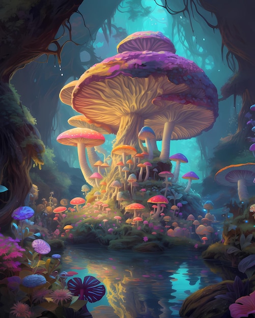 Картина леса с большим грибом и голубым ручьем.