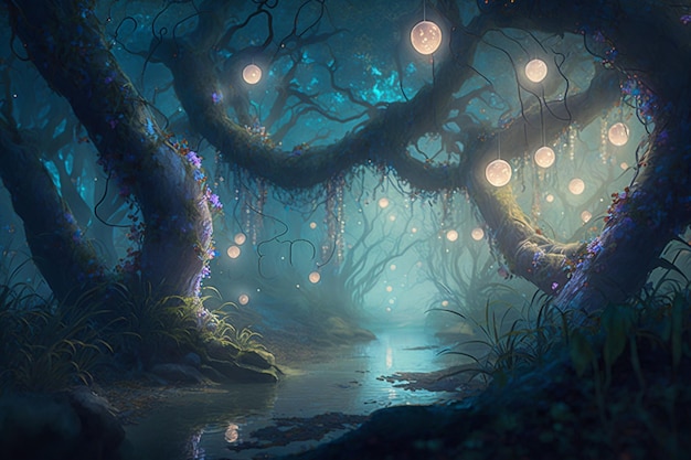 A painting of a forest with lights hanging from the branches