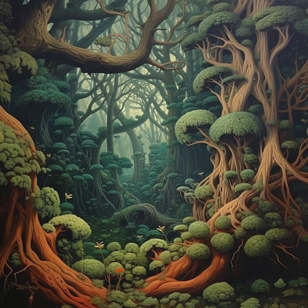 Painting of a forest with a lot of trees and moss generative ai