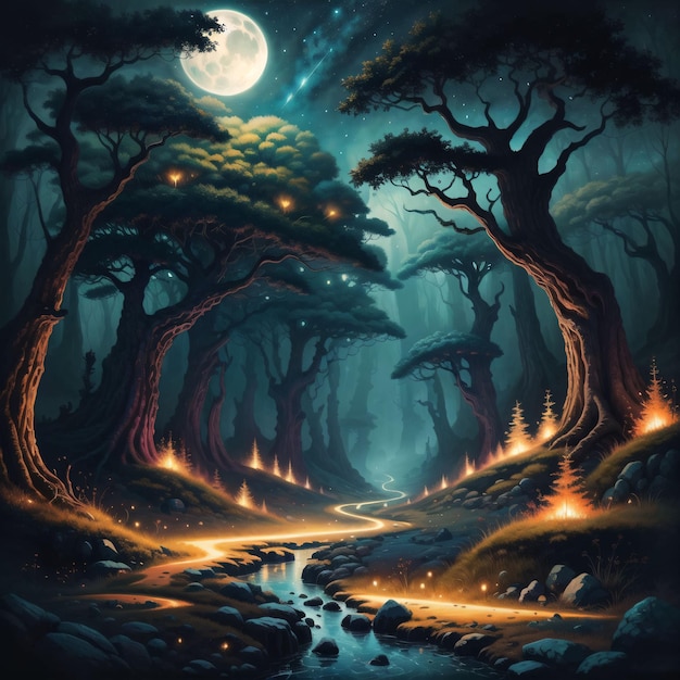 A painting of a forest with a moon in the background