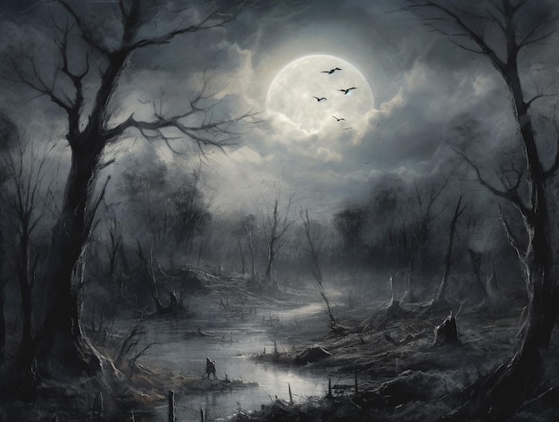 A painting of a forest with a moon in the background