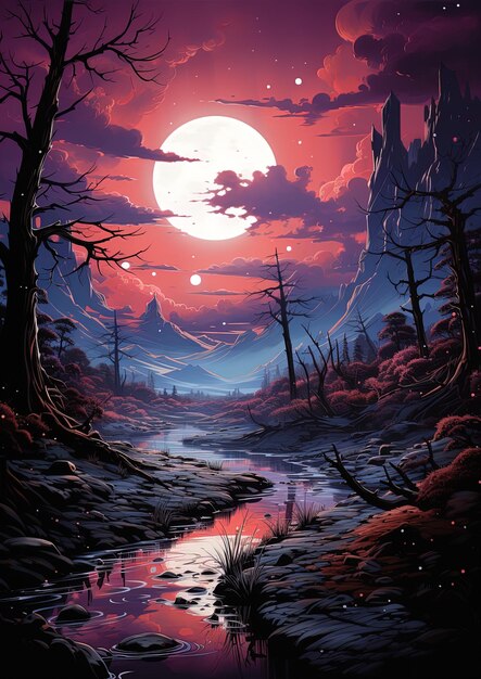 a painting of a forest with a moon and a moon