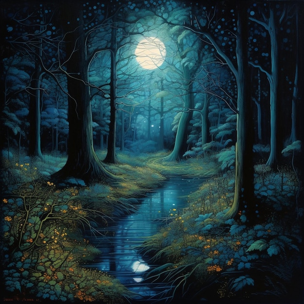 A painting of a forest with a moon in the sky