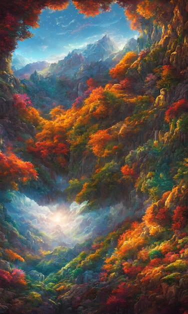 Foto un dipinto di una foresta con una montagna e una nuvola nel cielo.