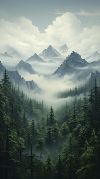 A painting of a forest with mountains in the background