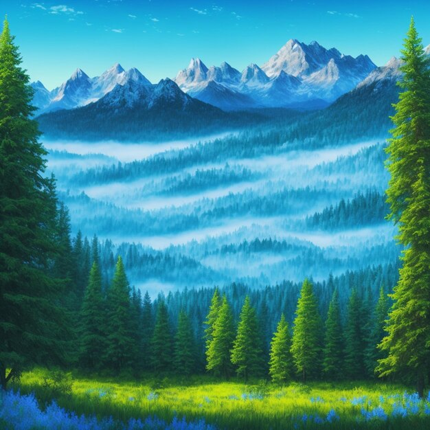 A painting of a forest with mountains in the background.